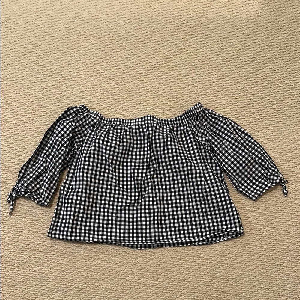 Caution To The Wind | Black and White Gingham Off-Shoulder Top